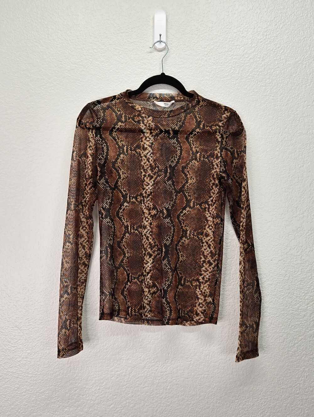Mango Sheer Snake Print Mesh Top Brown Long Sleeve Knit Shirt Women's Size Med